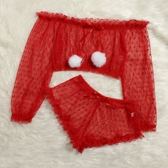 Red Lace Off Shoulder Lingerie Set - Picture 3 of 4